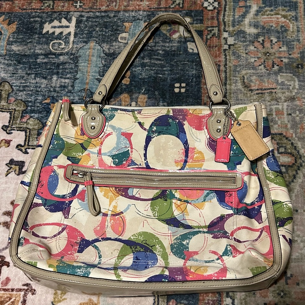 Vintage Multi Colored Coach Poppy stamped signature C Hallie East/West tote bag